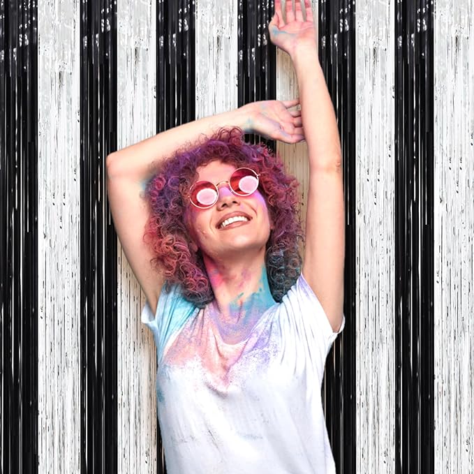 2 Pack Black and Silver Tinsel Foil Fringe Curtains, Black White Party Decorations, Metallic Tinsel Party Streamers Backdrop for New Years Birthday Christmas Graduation Decorations