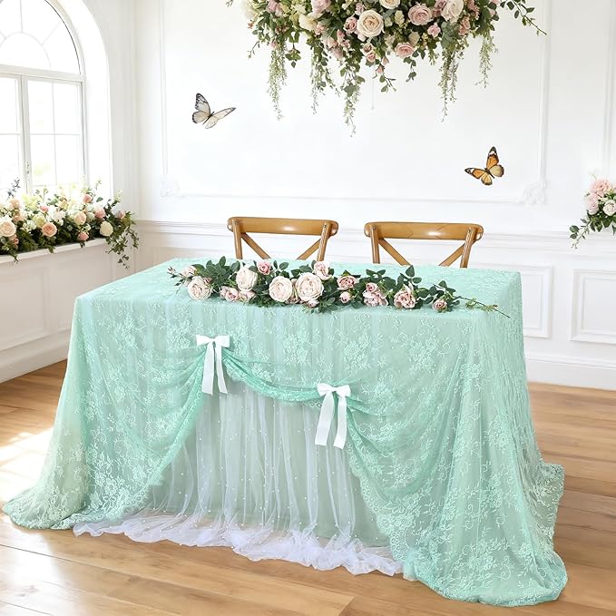 LuoluoHouse Vintage Lace Tablecloth Table Fabric 60x120 Inch for Garden Rustic Wedding Bridal Shower Party Decoration Rectangle Overlay Long Vintage Embroidered Reception Round Table Cloth Decor
