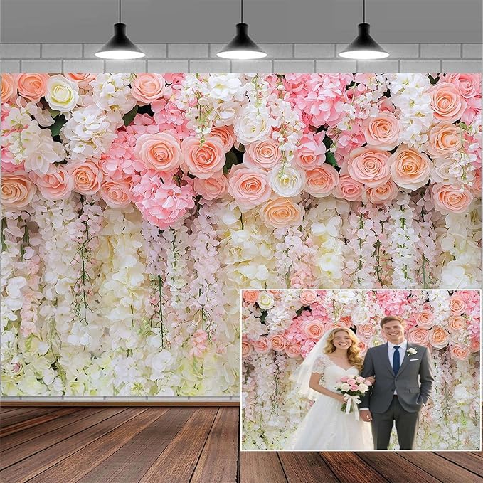 6x4ft Pink Rose Flower Wedding Photography Backdrop Spring Floral Photography Backdrop Valentine's Day Mother's Day Girl Birthday Baby Shower Wedding Bridal Party Banner Photo Booth Props Background