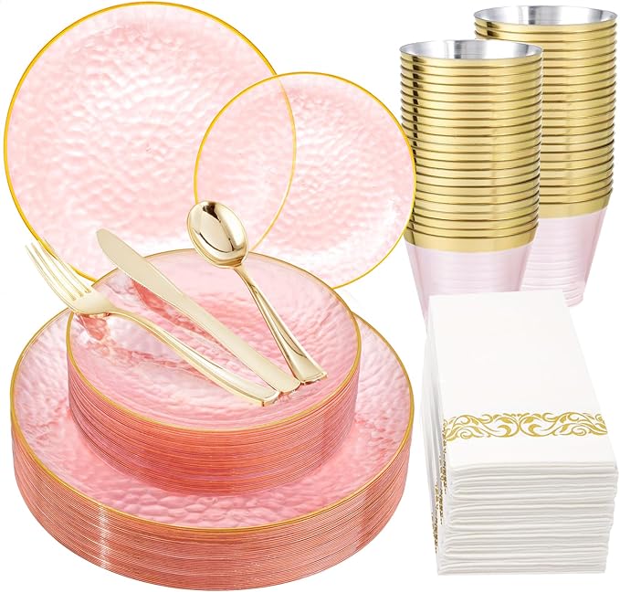 Rubtlamp 175 Pcs Pink Plastic Plates Dinnerware Set (25 Guests), Pink Disposable Plates With Gold Rim, Hammered Party Platos Set Include Dinner Plates, Dessert Plates, Cups, Cutlery for Party