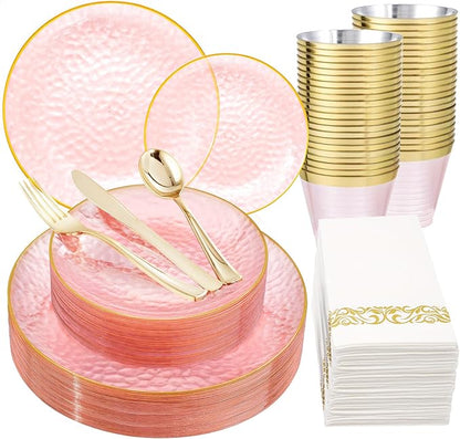Rubtlamp 175 Pcs Pink Plastic Plates Dinnerware Set (25 Guests), Pink Disposable Plates With Gold Rim, Hammered Party Platos Set Include Dinner Plates, Dessert Plates, Cups, Cutlery for Party