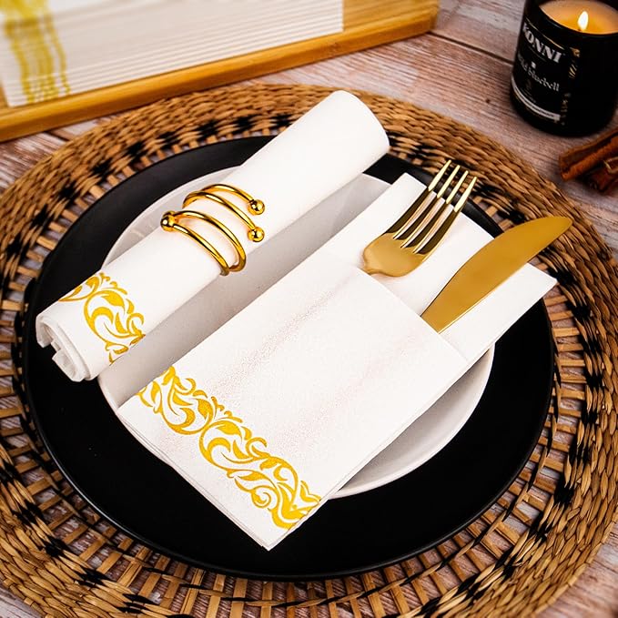 KAMMAK White Dinner Paper Napkins with Pocket Disposable 100 Pack Yellow Trim Linen Feel Wedding Reception Napkins Hand Paper Towels Folded Lunch Napkins for Party, Bathroom (16 x 16 inch)