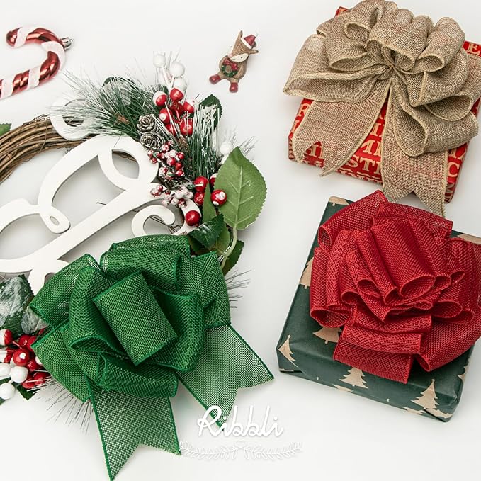 Ribbli Green Burlap Wired Ribbon, 2-1/2” Inch x Continuous 20 Yard, Green Wired Ribbon for Wreaths,Big Bows,Tree Decoration,Outdoor Decoration