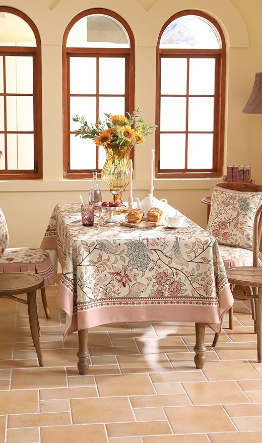 patdrea Designer Pink Linen Table Cloth for Rectangle Table,Vintage Floral with Birds Pattern Decorative Tablcloth,French Table Cover for Kitchen Dining,Thanksgiving,Christmas,63"x87"-Kulom a
