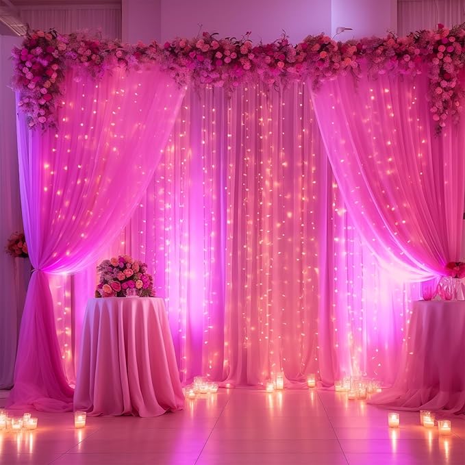 30×10ft Hot Pink Tulle Backdrop Curtain with Lights String for Parties, Sheer Photo Backdrop Curtains for Wedding Bridal Shower Party Photography Background