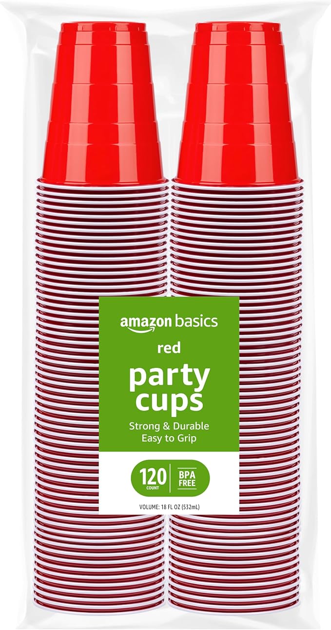 Amazon Basics Disposable Plastic Party Cups, Red, 18oz, 120 Count, Large Pack