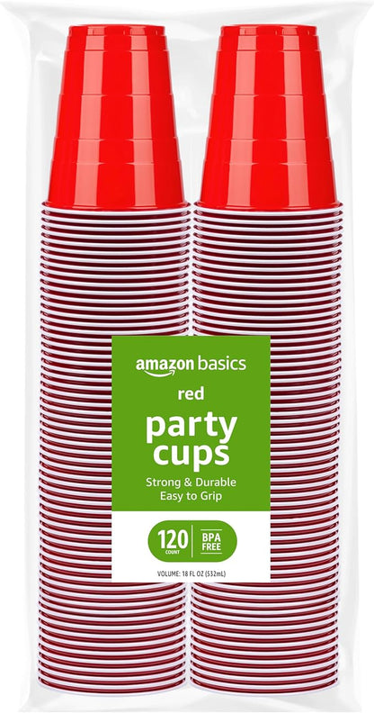 Amazon Basics Disposable Plastic Party Cups, Red, 18oz, 120 Count, Large Pack