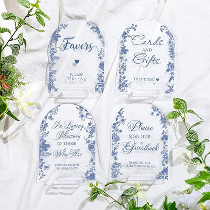 4 Pcs Flower Acrylic Wedding Signs for Ceremony and Reception Guest Book Wedding Cards and Gifts Sign Please Take One Couple Loving Memory table Decor(Blue Flower)