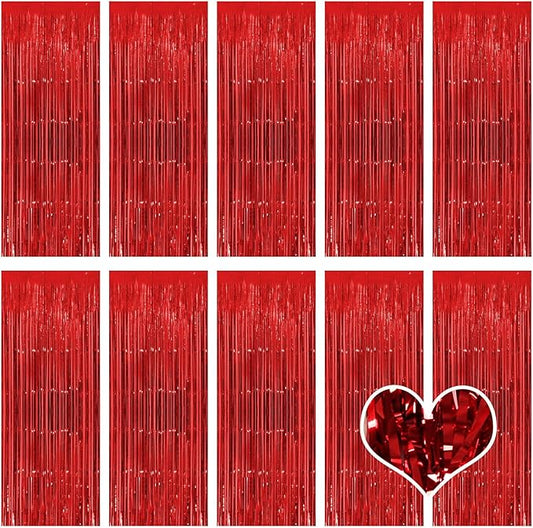 10 Pack Red Backdrop Curtain 3.2ft x 8.2ft Metallic Tinsel Foil Fringe Curtains Photo Booth Background for Birthday Party Decoration Baby Shower Engagement Wedding Christmas Decoration (Red)