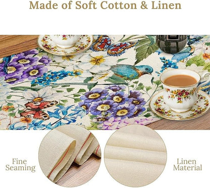 Brown Bird Floral Table Runner Spring Flower Kitchen Table Decoration Suitable for Family Dinner Decoration 13x108 Inch
