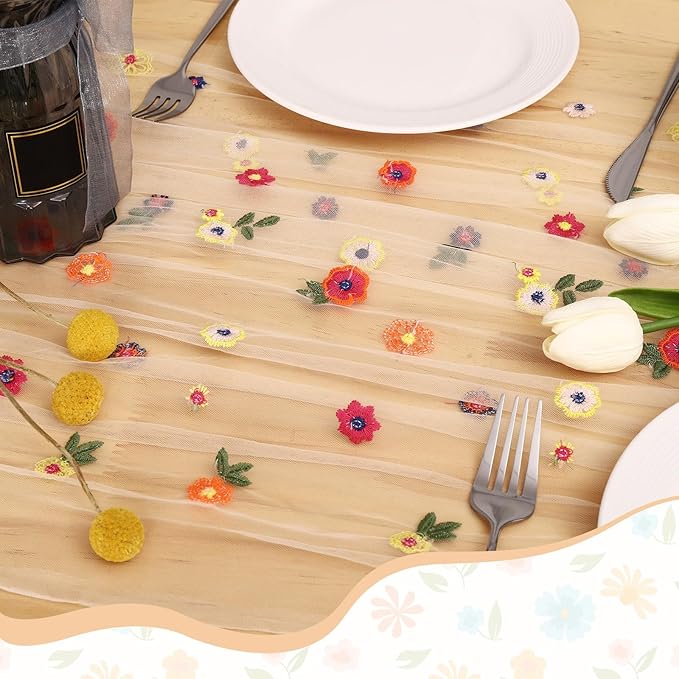 BINBE 3pcs Champagne Daisy Fall Table Runner Embroidery Gauze 10FT Florals Seasonal Tulle Holiday Birthday Kitchen Dining Table Decor for Home Party