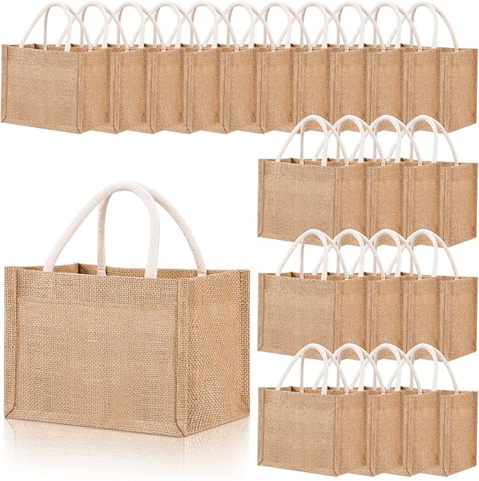 Cunno 24 Pcs Burlap Tote Bag Mini Jute Reusable Waterproof Bag with Handles Small Blank Canvas for Wedding Beach DIY Gift(Classic,9.06 x 6.3 x 5.12)