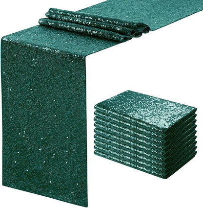 Sequin Table Runners 12 Pieces Emerald Green Table Runners 12x108 Inch Glitter Dining Table Cover for Party Wedding Birthday Reception Banquet Decoration Spring Party Chair Sashes