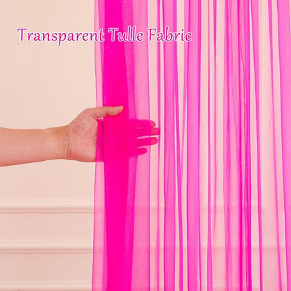 20×10ft Hot Pink Tulle Backdrop Curtain with Lights String for Parties, Sheer Photo Backdrop Curtains for Wedding Party Photography Background
