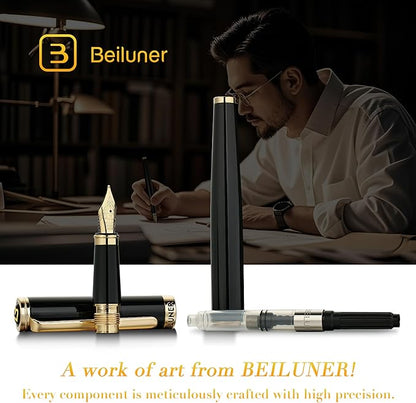 BEILUNER Black Fountain Pen,Stunning Luxury Pens with 24K Gold Accents, Gorgeous 24K Gilded Nib(Medium), Trustworthy Pen Gift for Men&Women -Ink Converter-Elegant, Reliable,Nice Pen for Writing