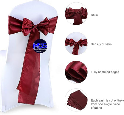 MDS Pack of 50 PCS Satin Chair Sashes Charmeuse Sateen Dining Chair Bows Ribbon Ties Back Sash for Wedding Party Birthday Home Hotel Restaurant Banquet Decoration (7 x 108 Inch, Maroon)