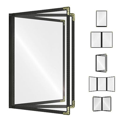 Goodsmart Restaurant Menu Covers – 25 Pack Black 6-View Booklet 8.5" x 14", Side-Loading Vinyl & Plastic Menu Holders, Clear Menu Sleeves, Leather-Style Café Covers with Gold Corners