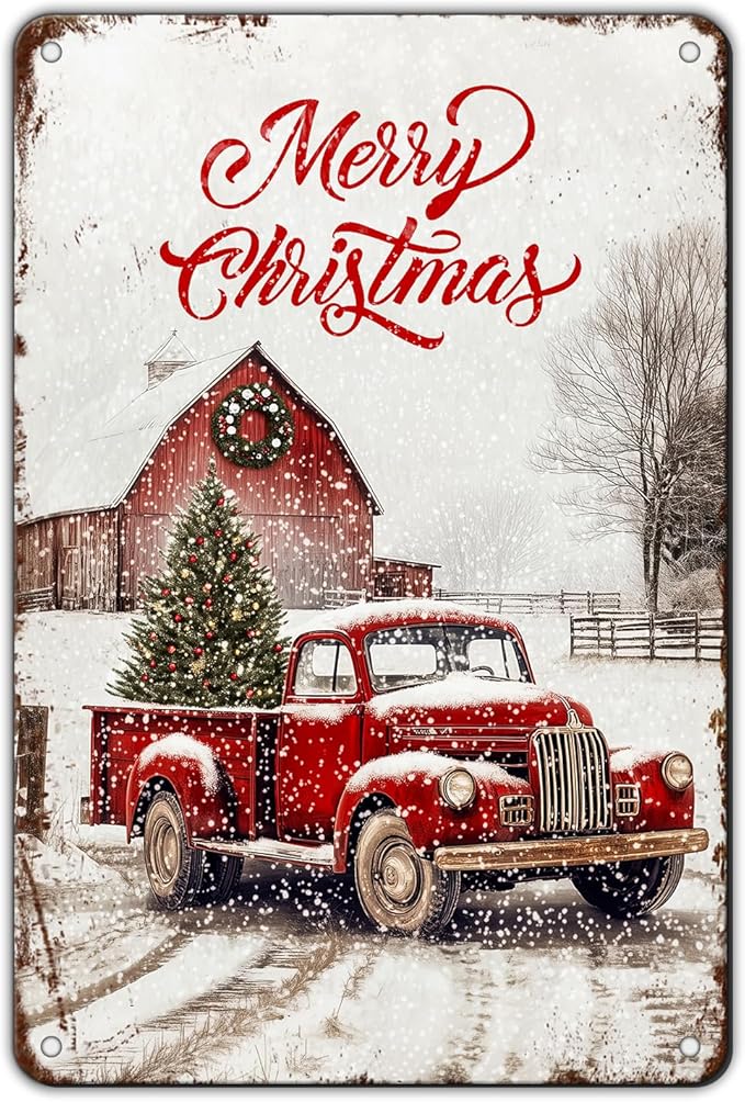 Vintage Christmas Red Truck Tin Sign Merry Christmas Truck Christmas Tree Metal Tin Sign Winter Rustic House Yard Xmas Pickup Holiday Wall Decorations Tin Sign 8x12Inch