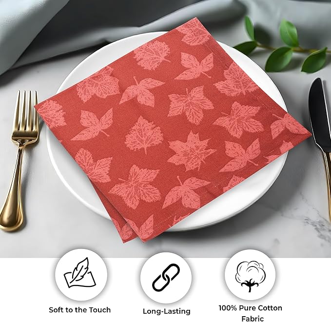 Urban Villa Fall Leaves Print Set of 12 Dinner Napkins (20X20 Inches) 100% Cotton Premium Quality Thanks Giving Over Sized Harvest Cloth Napkins with Mitered Corners Ultra Soft Durable Hotel Quality