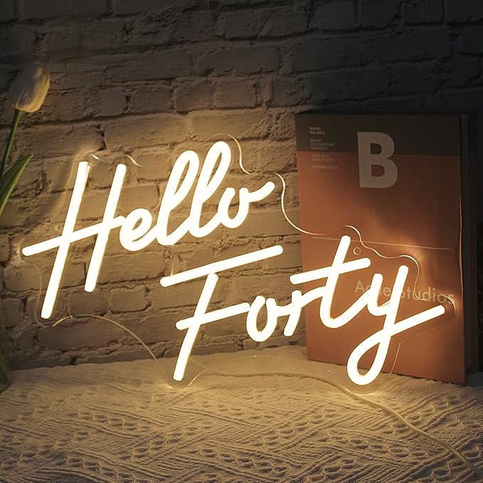 LED Hello Forty Neon Sign 16.5x9.4 inch - Dimmable Wall Decor for 40th Birthday, Bedroom, Office, Beauty Salon with USB Power