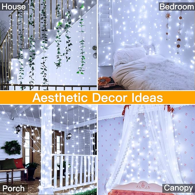 Ollny Curtain Lights 6.6x6.6ft, 200 LED White String Lights with Remote 8 Modes Dimmable Timer, USB Power Fairy Light for Bedroom Backdrop Indoor Wall Window Wedding Decor