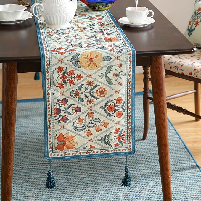 ISAENNE Designer Bohemian Elegant Linen Extra Long Table Runner 118 Inches,Colorful Flower Pattern Table Runners for Dining Tables,Thanksgiving,Kitchen Tables,Christmas,12"*118"-Floralsea A