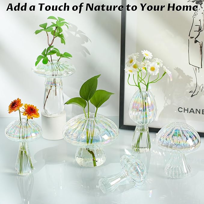 Plant Propagation Station, Set of 6 Clear Mushroom Vase, Propagation Stations, Small Plant Terrarium, Unique Crystal Mushroom Jars for Plants for Hydroponics Home Garden Office Decoration (Clear)