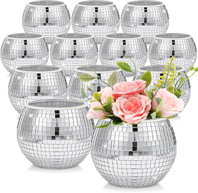 Jinei 12 Pcs Disco Vases Bulk Silver Mirror Disco Ball Flower Glass Ball Planter Candle Holder Glass Vase for Wedding Table Centerpieces Bedroom Office Birthday Decoration (3" X 4")