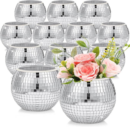 Jinei 12 Pcs Disco Vases Bulk Silver Mirror Disco Ball Flower Glass Ball Planter Candle Holder Glass Vase for Wedding Table Centerpieces Bedroom Office Birthday Decoration (3" X 4")