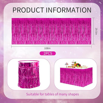 BEISHIDA 2 Pack Metallic Tinsel Foil Fringe Table Skirts for Rectangle & Round Tables Hot Pink Kids' Birthday, Holiday Cartoon Party Decorations for Birthday Valentines Baby Shower Festive Events