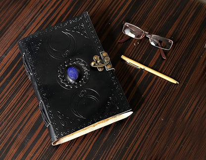 cuero 3 Moon Blue Lapiz Embossed Vintage Leather Journal | 240 Pages of Antique Handmade Deckle Edge Vintage Paper, Leather Sketchbook, Drawing Journal, Great Gift (6 inch by 8 inch, black)