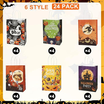 24 Pcs Halloween Paper Gift Bags, 6 Styles Halloween Goodie Bags with Handles, Halloweens Treat Bag Party Favors Bag Holiday Trick or Treat Party Supplies