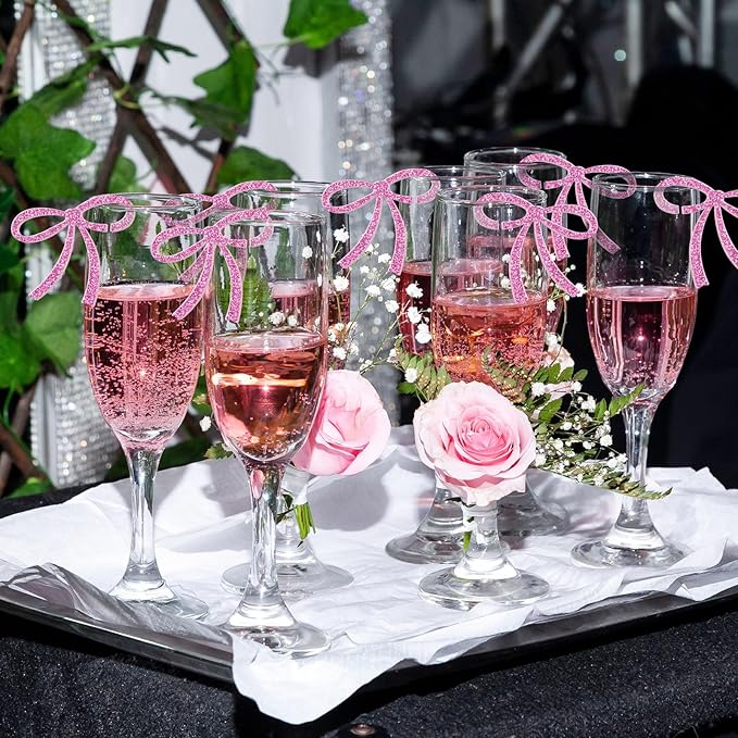 50 Pcs Bows Drink Tags Coquette Bow Wine Glass Charms Acrylic Bowknot Drink Tag for Bachelorette Birthday Wedding Coquette Tasting Party Decor Accessory(Glittery Pink)