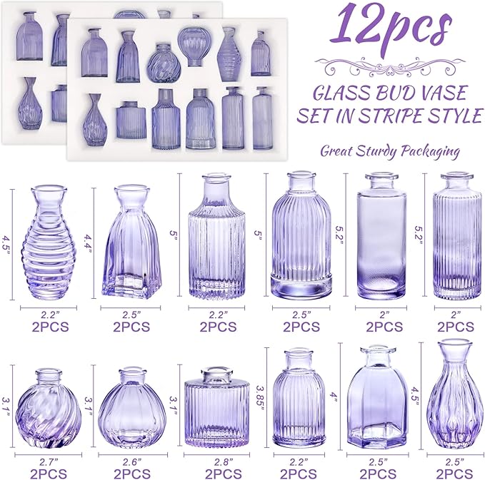 Glass Bud Vases 24 in Bulk, Small Purple Vase Glass Vases for Flowers Modern Ribbed Colored Bud Vase for Decor Wedding Flower Vase in Bulk Vintage Decor Bridal Shower Centerpieces Home Decoration