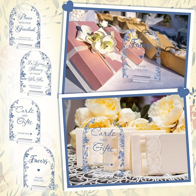 4 Pcs Flower Acrylic Wedding Signs for Ceremony and Reception Guest Book Wedding Cards and Gifts Sign Please Take One Couple Loving Memory table Decor(Blue Flower)