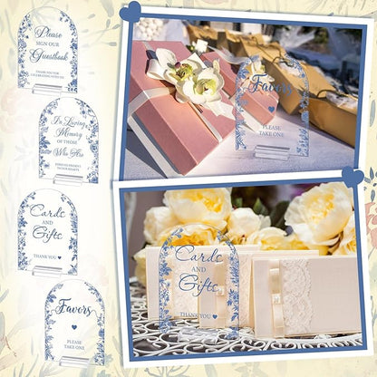 4 Pcs Flower Acrylic Wedding Signs for Ceremony and Reception Guest Book Wedding Cards and Gifts Sign Please Take One Couple Loving Memory table Decor(Blue Flower)