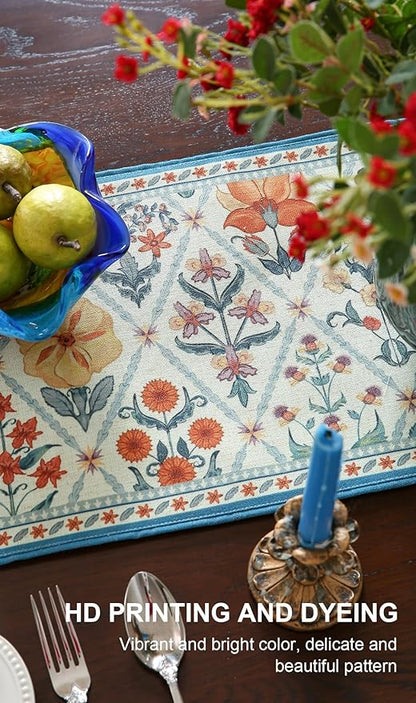 ISAENNE Designer Bohemian Elegant Linen Table Runner 87 Inches Long,Colorful Flower Pattern Table Runners for Dining Tables,Thanksgiving,Kitchen Tables,Christmas,12"*87"-Floralsea A