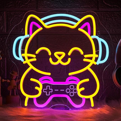 Ineonlife Game Cat Neon Sign for Wall Decor Light Up Cute Animal Led Signs for game room Acrylic Art Decor for home bar bedroom cafe man cave Decorations 12.99x12.6 inch USB POWER