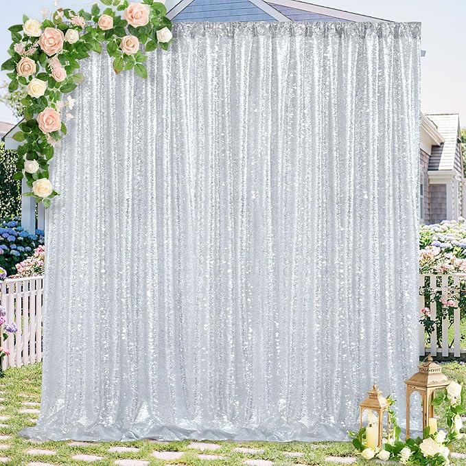 Silver Sequin Backdrop 7ft x 7ft Glitter Photo Booth Backdrop Curtains for Wedding Birthday Baby Shower Event
