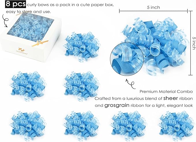 HUIHUANG Blue Bows for Gift Wrapping Baby Blue Gift Bows 5 inch x 8 Counts Self-Adhesive Curly Ribbon Bow for Presents, Paper Bag, Baby Shower Favors, Wrapping Accessories, Party Decor