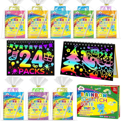 ZMLM Rainbow Scratch Party Favors Kids: Birthday Gifts Toy Bulk Scratch Art Notebook 24 Pack Birthday Goodie Bags Stuffers Girls Boys Art Craft Pads Classroom Prizes School Supplies Stocking Stuffers