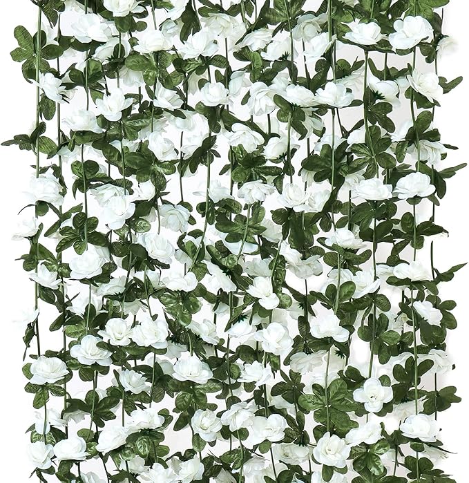 KHOYIME 9 Pack 72 FT Artificial Flower Garland, Fake White Roses Vines Silk Flowers Faux Plastic Outdoor Hanging Floral Ivy Garland Decoration for Wedding Arch Bedroom Home Wall Backdrop Room Decor