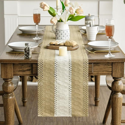Artoid Mode Burlap Brown Farmhouse Rustic Table Runner, Seasonal Hollow Kitchen Dining Table Decoration for Home Party Decor 12x60 Inch