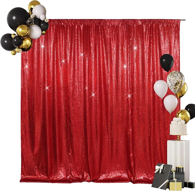 SquarePie Sequin Backdrop Less Transparent Background Sparkly Curtain for Wedding Christmas Party 6FT x 8FT Red