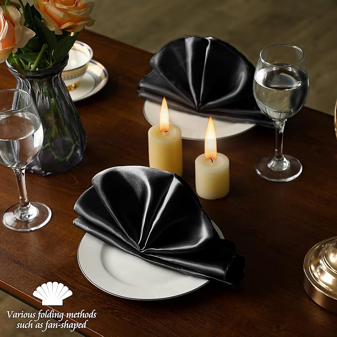 Manyshofu 60 Pieces Black Satin Napkins - 20x20 Inches Cloth Napkins, Square Satin Fabric Napkins Set - Elegant & Reusable Table Napkins for Wedding Dinner Party Lunch Banquet Restaurant Decoration