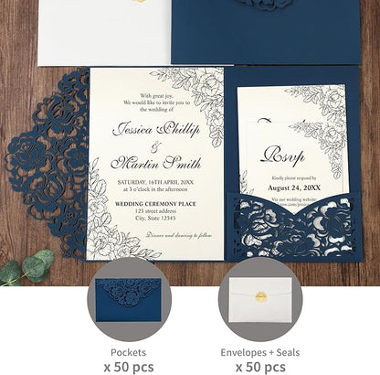 DORIS HOME 50pcs Laser Cut Wedding Invitation Pockets with Envelopes Blue, 5.12" x 7.12"Invitation Cards for Wedding, Anniversary (No Inserts Included)