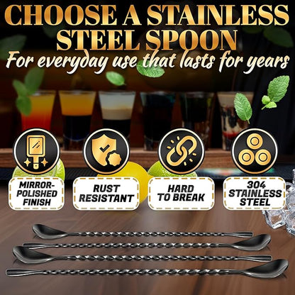 4 Pcs Bar Spoon Cocktail Mixing Spoon Set – 12" Stainless Steel with Twisted Spiral Handle Stirring Spoons, Good for Cocktails, Iced Tea, & Drink Mixing Lovers | Caviar Spoons