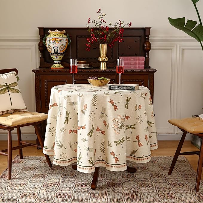 ISAENNE Designer Floral Linen Round Tablecloth,French Off White Elegant Table Cloth,Fall Washable Home Decor Tablecloths for Dining Thanksgiving Kitchen Christmas Party,Diameter 67"-Grace B