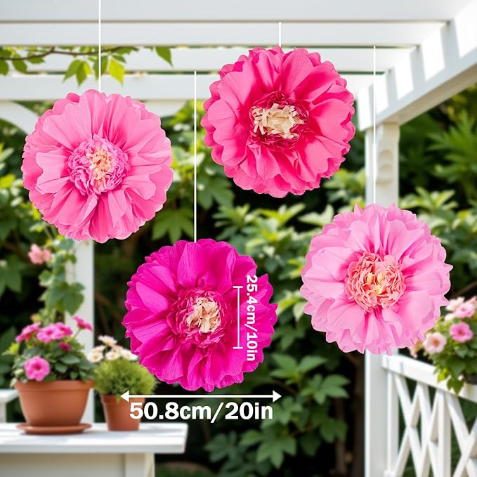 SUNBEAUTY 20" Giant Hot Pink Tissue Paper Flowers - 4 PCS Large Crepe Tissue Fiesta Flowers Party Birthday Decorations Sunset Autumn Thanksgiving Wedding Backdrop Bridal Baby Shower Nursery Wall Decor
