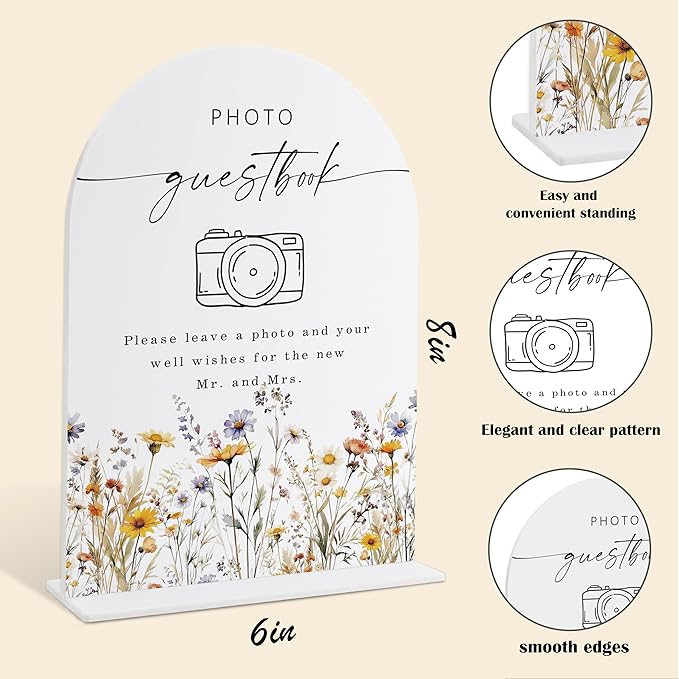 Wedding Signs for Ceremony and Reception, Boho Floral Acrylic Photo Guestbook Sign, Wedding Signage with Stand, Bridal Shower Table Centerpieces, Supplies for Engagement Reception Event Party, 27